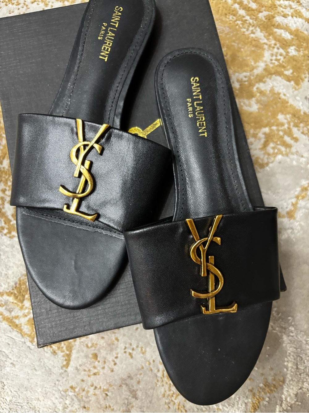 Saint Laurent Black and Gold YSL Logo Leather Slides